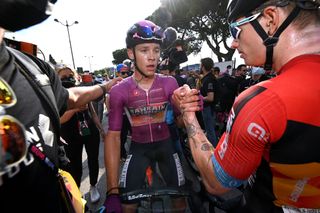 CAORLE ITALY MAY 24 Jonathan Milan of Italy and Team Bahrain Victorious Purple Points Jersey reacts after the 106th Giro dItalia 2023 Stage 17 a 197km stage from Pergine Valsugana to Caorle UCIWT on May 24 2023 in Caorle Italy Photo by Tim de WaeleGetty Images