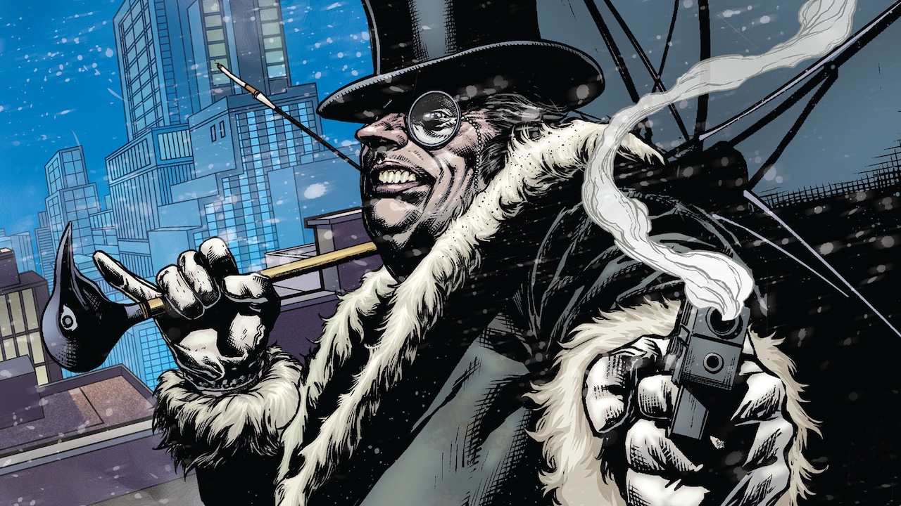 DC Comics artwork of The Penguin holding a gun that's been recently fired in one hand and one of his umbrellas in the other
