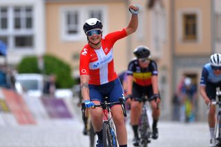 SCHMOLLN GERMANY MAY 25 Emma Norsgaard Jorgensen of Denmark and Movistar Team celebrates at arrival during the 34th Internationale LOTTO Thringen Ladies Tour 2021 Stage 1 a 899km stage from Schmolln to Schmolln ltlt2021 lottothueringenladiestour womencycling on May 25 2021 in Schmolln Germany Photo by Luc ClaessenGetty Images