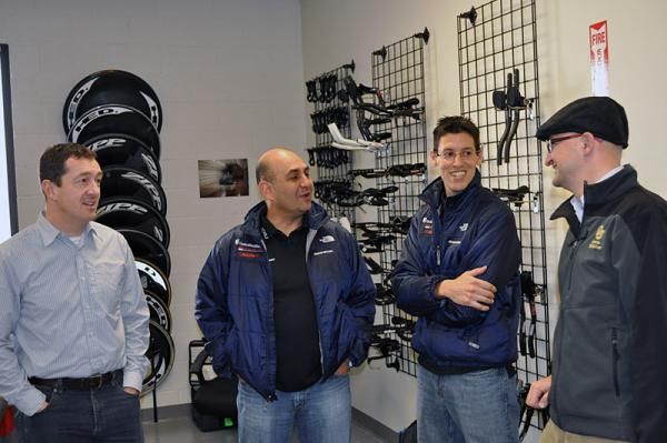 Chris Boardman, UnitedHealthcare's Thierry Attias and Mike Tamayo, and I&ntilde;igo San Mill&aacute;n (l-r) at the A2 Wind Tunnel.
