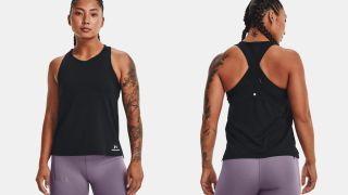 Women’s UA Rush Energy Tank, front and rear views of model wearing the running vest in black