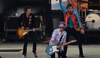 (from left) Ronnie Wood, Keith Richards and Mick Jagger perform at the Waldbuehne at Olympiapark in Berlin on August 3, 2022
