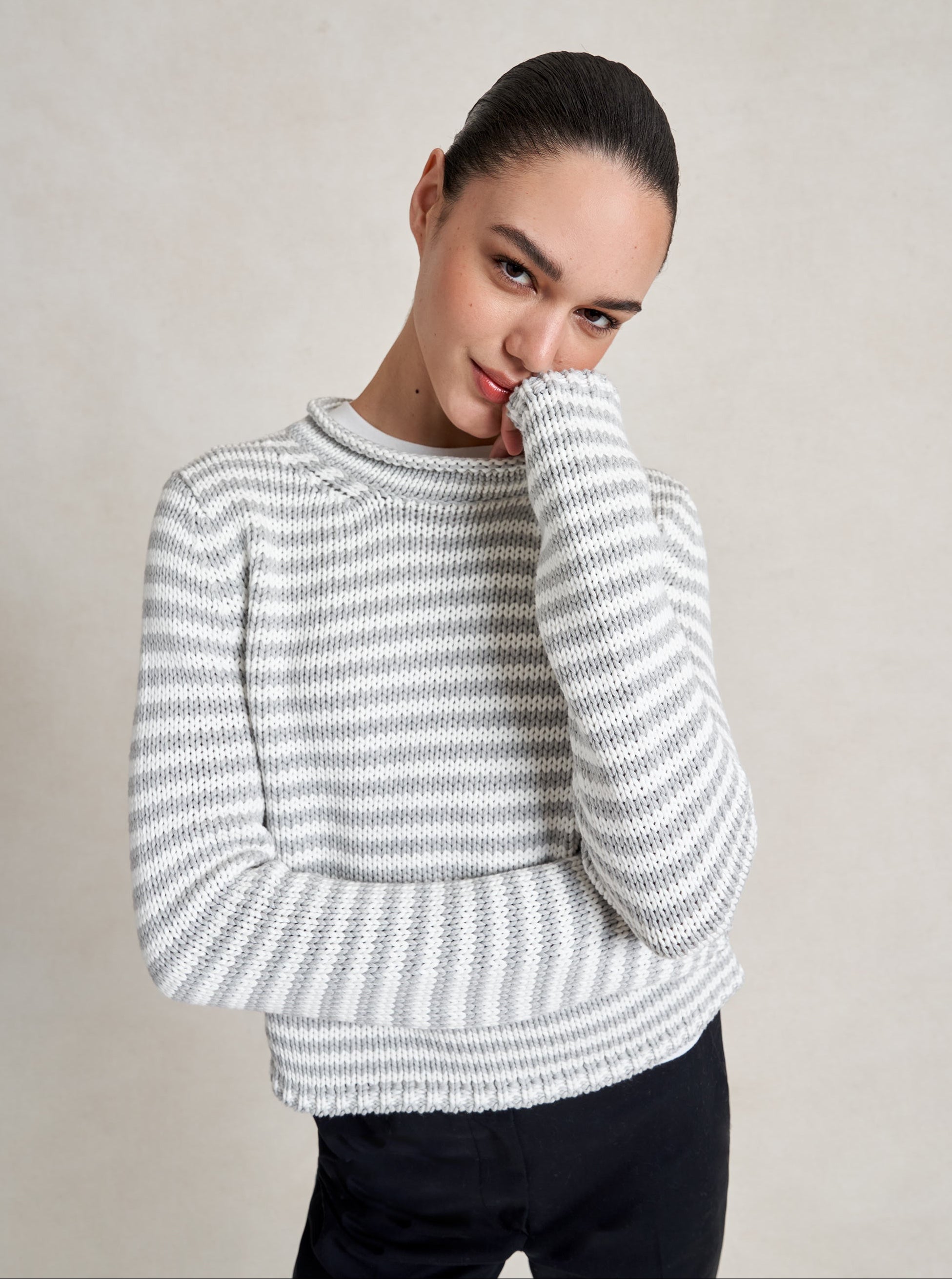 Mini Marina Fine Stripe Sweater Xxs in Striped Grey \u0026 Ivory
