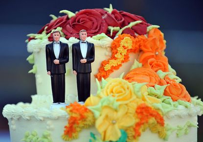 A wedding cake for two men getting married.