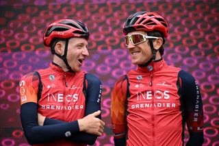 Ineos leaders Tao Geoghegan Hart and Geraint Thomas before stage 8 of the 2023 Giro d'Italia