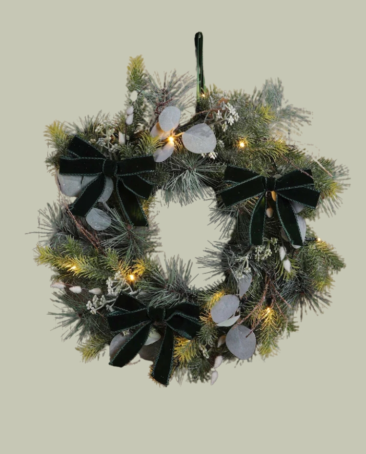 Laura Ashley, Green 40cm Pussy Willow Pre Lit Christmas Wreath