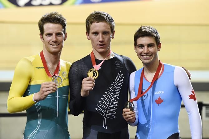 Men's 40km Scratch Race medals: Shane Archbold wins gold for NZ, Glenn O'Shea wins silver for Australia and Remi Pelletier gets bronze for Canada