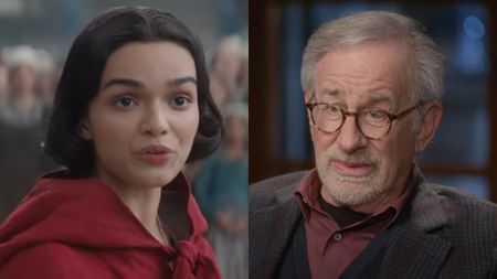 Side by side of Rachel Zegler in Snow White and Steven Spielberg on The Late Show with Stephen Colbert.