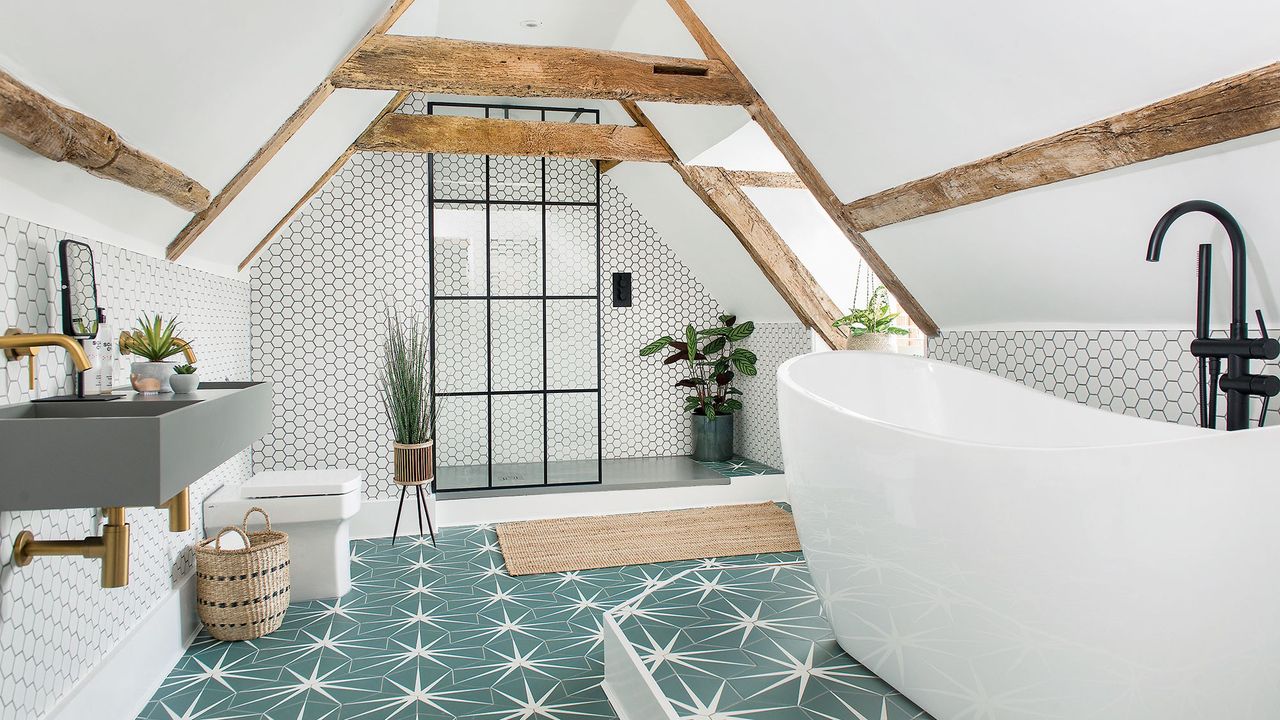 bathroom with white hexagonal tiles wall bathtub grey wash basin and designed floor