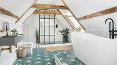 bathroom with white hexagonal tiles wall bathtub grey wash basin and designed floor