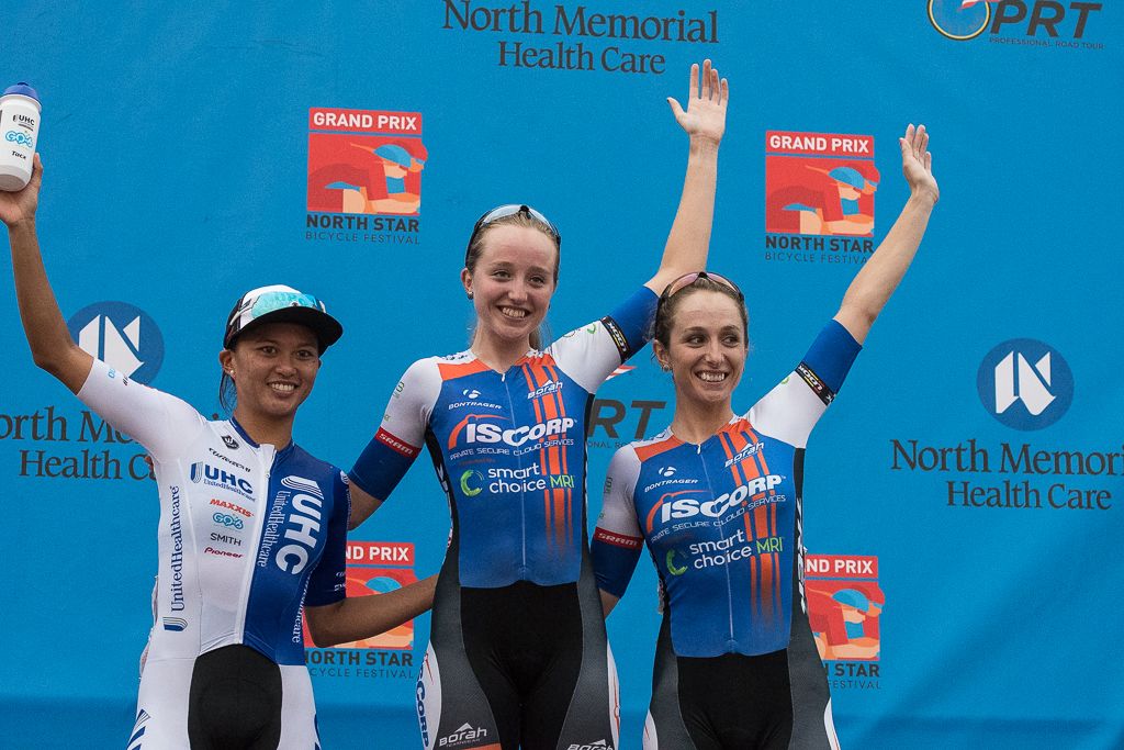 Stage 4 podium: Coryn Rivera (United Healthcare), Skylar Schneider (ISCorp Cycling), Samantha Schneider (ISCorp Cycling).