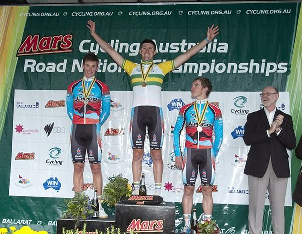The Men's Under 23 podium (l-r): Michael Hepburn (2nd,Jayco/AIS), Luke Durbridge (1st,Jayco/AIS), and Jay McCarthy (3rd,Jayco/AIS).