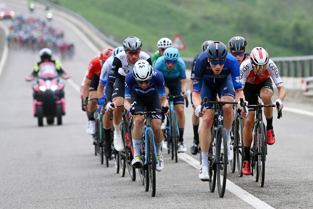 LAGO LACENOBAGNOLI IRPINO ITALY MAY 09 LR Will Barta of The United States and Movistar Team Stefan Kng of Switzerland and Team Groupama FDJ and Jonathan Lastra of Spain and Team Cofidis compete in the breakaway during the 106th Giro dItalia 2023 Stage 4 a 175km stage from Venosa to Lago Laceno 1059m Bagnoli Irpino UCIWT on May 09 2023 in Lago Laceno 1059m Bagnoli Irpino Italy Photo by Tim de WaeleGetty Images