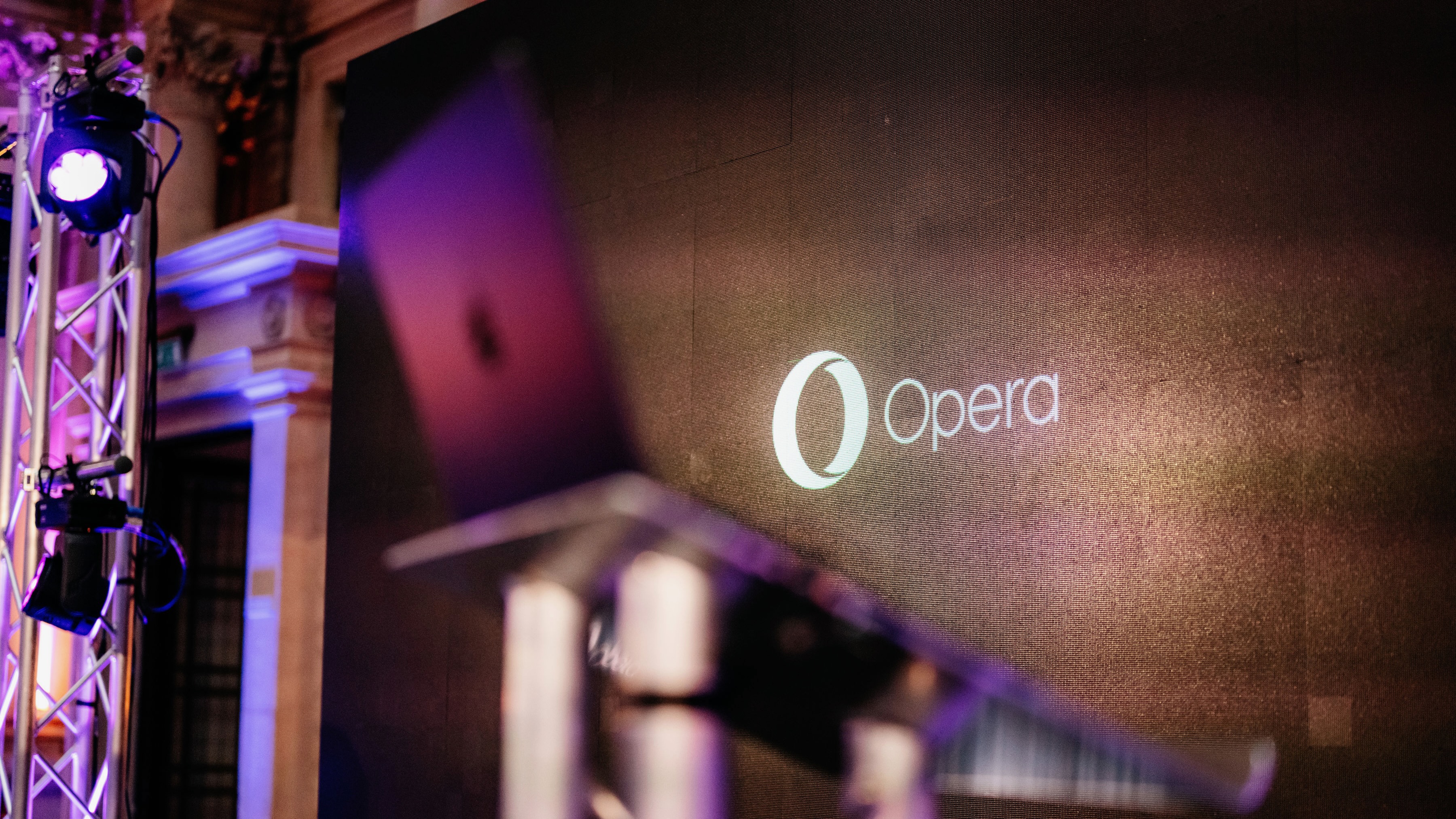 A large screen displaying Opera's logo, at Opera's Browser Days event in Bath and Bristol, UK