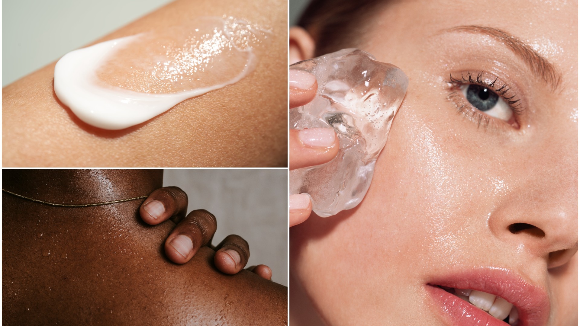 A collage featuring three up close photos of skin