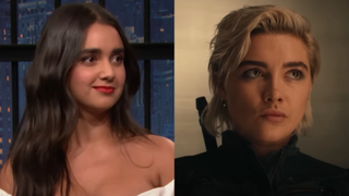 From left to right: Geraldine Viswanathan on Late Night with Seth Meyers and Florence Pugh in Thunderbolts.