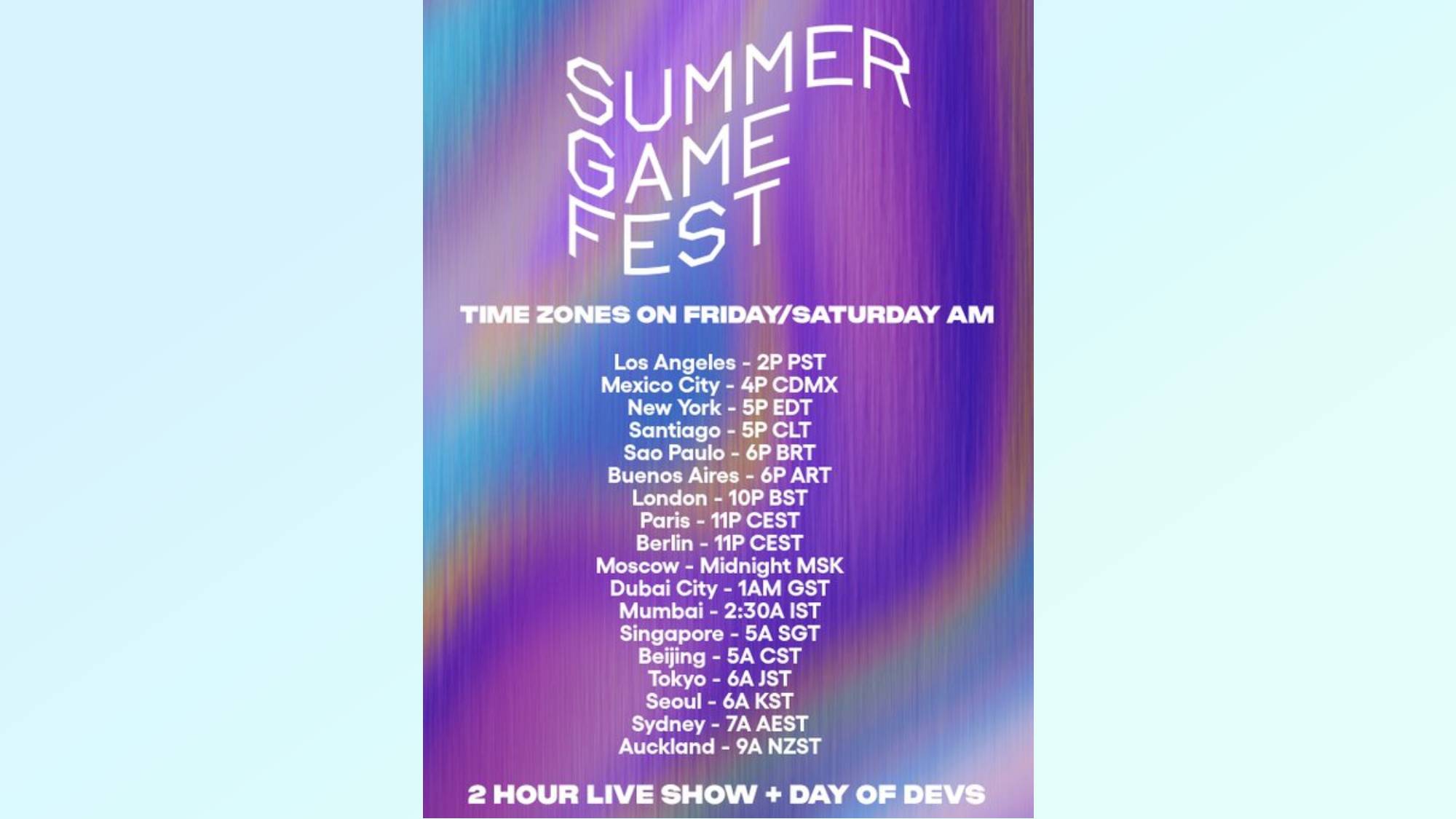 A chart showing various time zones for Summer Game Fest 2026