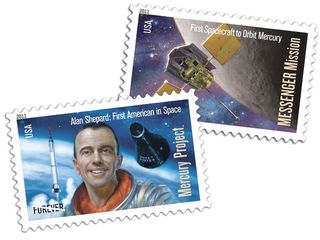 The U.S. Postal Service issued on May 4 a pair of stamps for the first U.S. astronaut and the first probe to orbit Mercury.