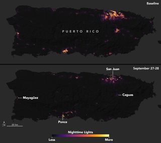 The territory of Puerto Rico, imaged at night before the arrival of Hurricane Maria (top) and after, by the NASA/NOAA Suomi satellite. In the after image, the southeast and western regions of the territory are somewhat obscured by clouds.
