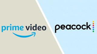 The Prime Video logo on a stone coloured background and the Peacock logo on a light blue background