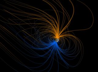 In this artist's conception of Earth's magnetosphere, the orange and blue lines depict the opposite north and south polarity of Earth's field lines.