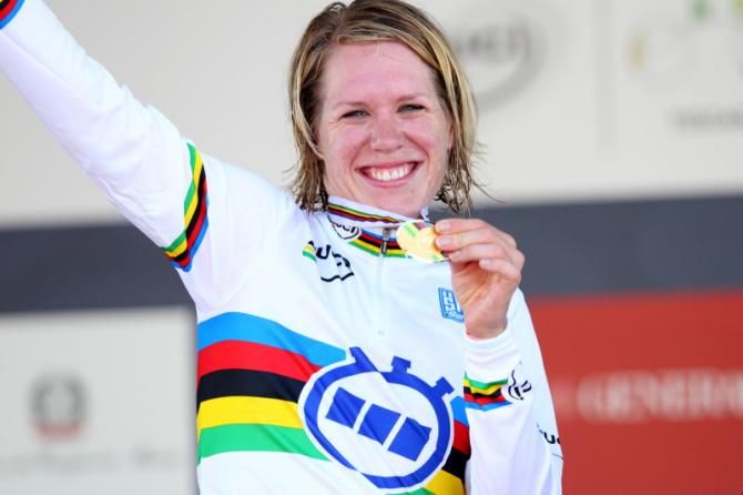 World Champion, Ellen van Dijk (Netherlands), happily shows off her gold medal