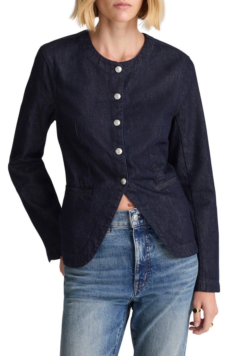 Collarless Denim Cutaway Jacket
