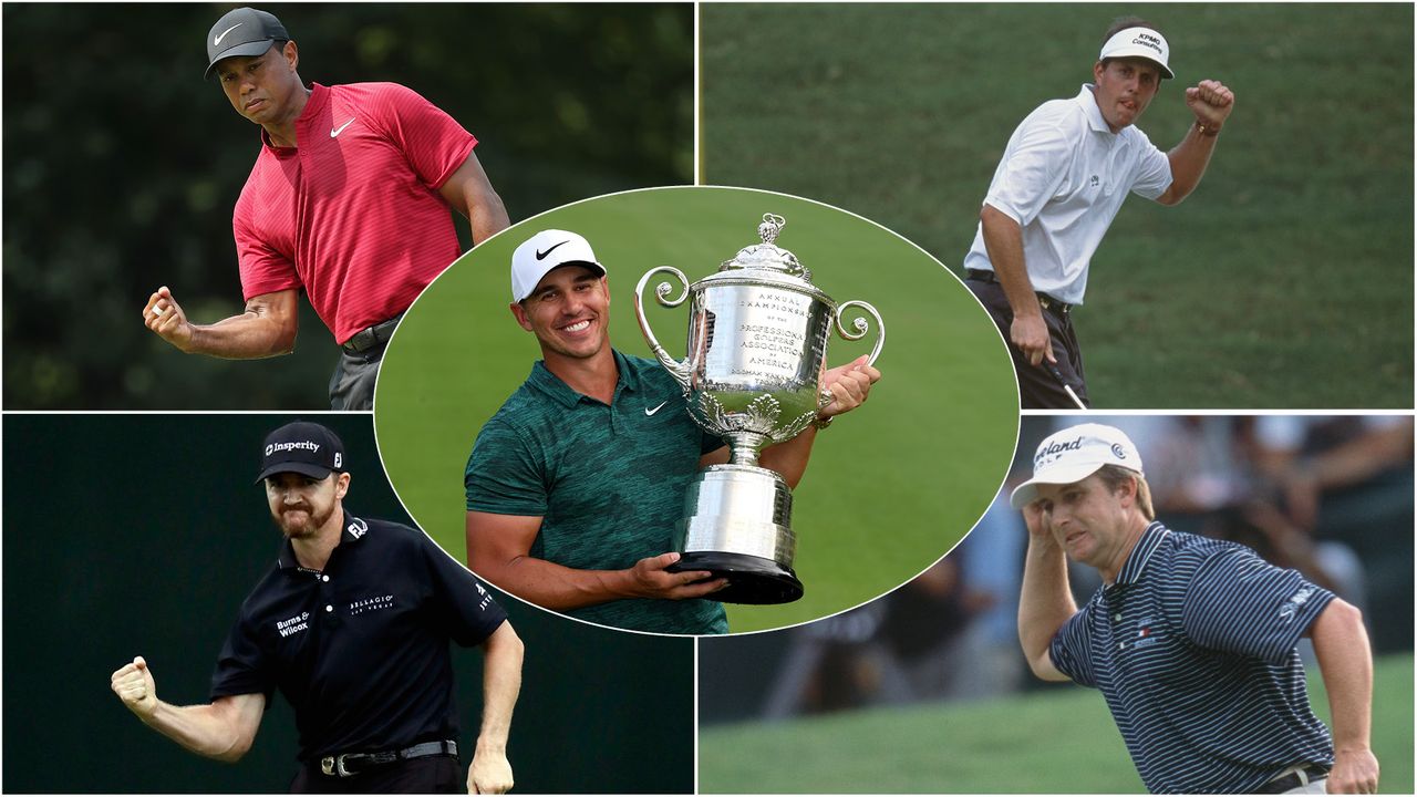 Brooks Koepka holds the Wanamaker Trophy and four players fist pumping