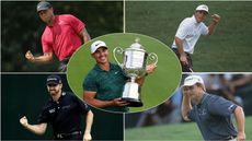 Brooks Koepka holds the Wanamaker Trophy and four players fist pumping