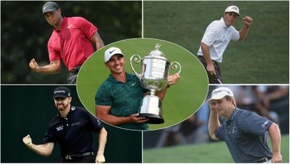 Brooks Koepka holds the Wanamaker Trophy and four players fist pumping