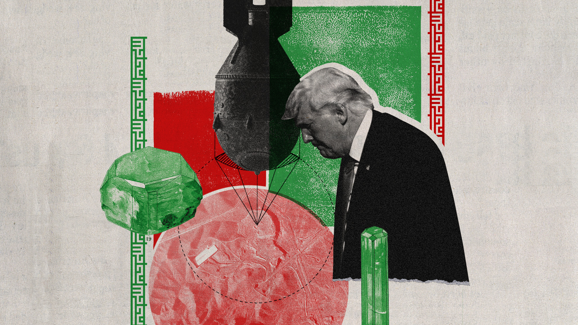 Photo collage of Donald Trump looking down on a satellite image of the Fordow facility in Iran. There is a bomb hovering in the air above it.