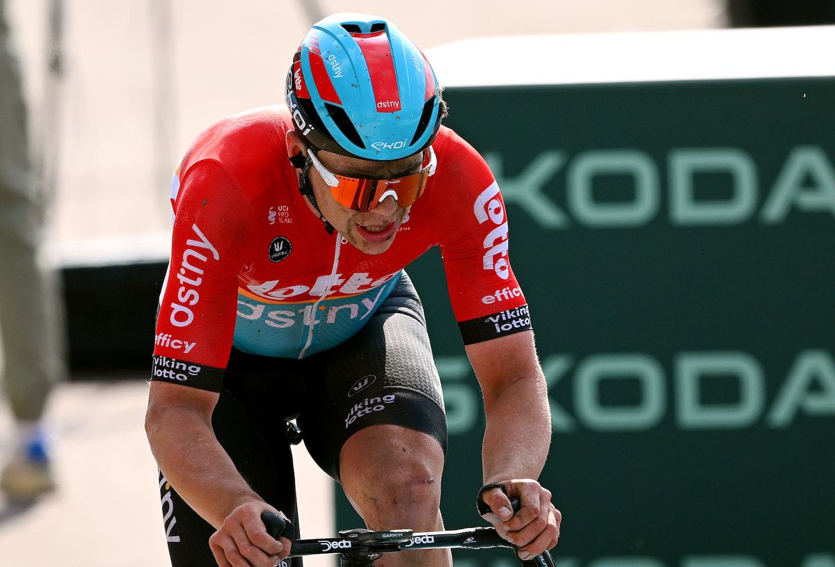 ROUBAIX, FRANCE - APRIL 09: Arnaud De Lie of Belgium and Team Lotto Dstny crosses the finish line during the 120th Paris-Roubaix 2023, Men&#039;s Elite a 256.6km one day race from CompiÃ¨gne to Roubaix on / #UCIWT / April 09, 2023 in Roubaix, France. (Photo by Luc Claessen/Getty Images)