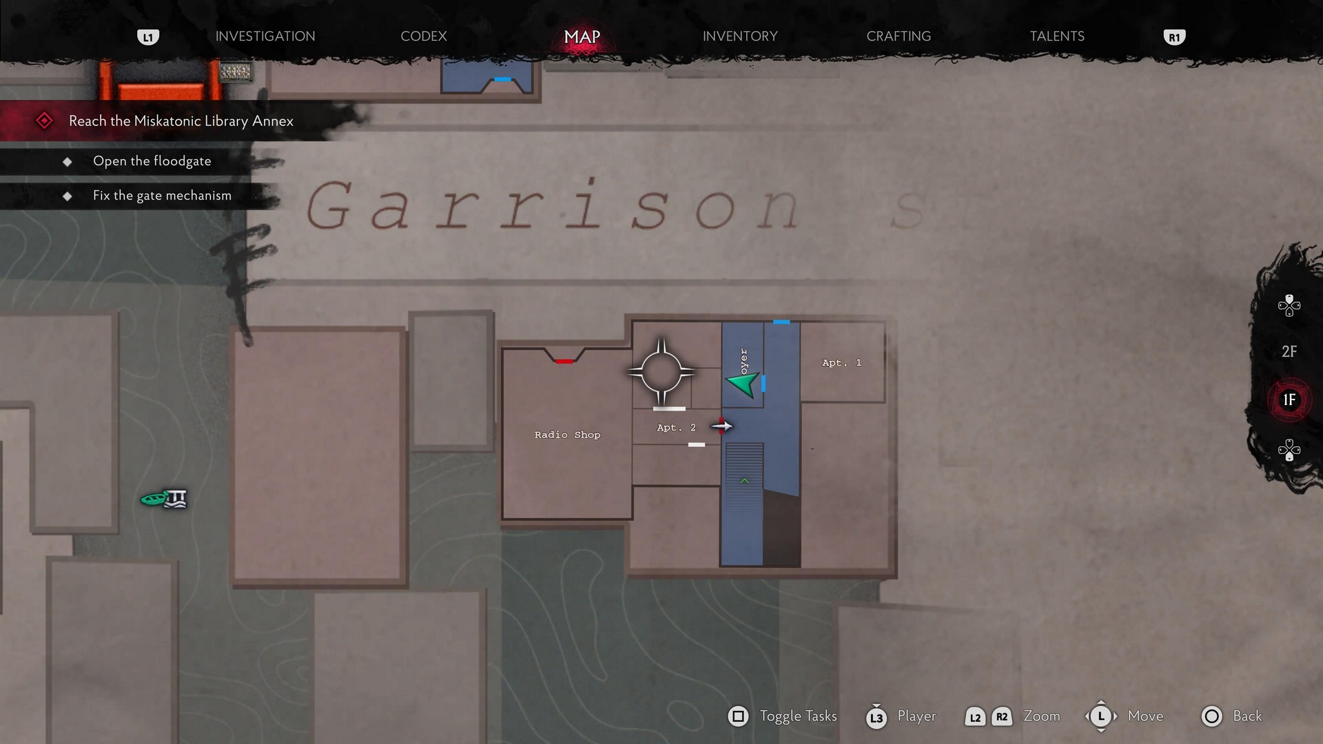 A map of Arkham streets in The Sinking City 2, centering on some apartments near a garrison