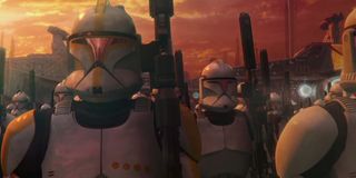 The Clone Troopers line up in Star Wars: Attack of the Clones