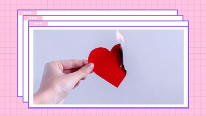a torn-up paper heart on fire