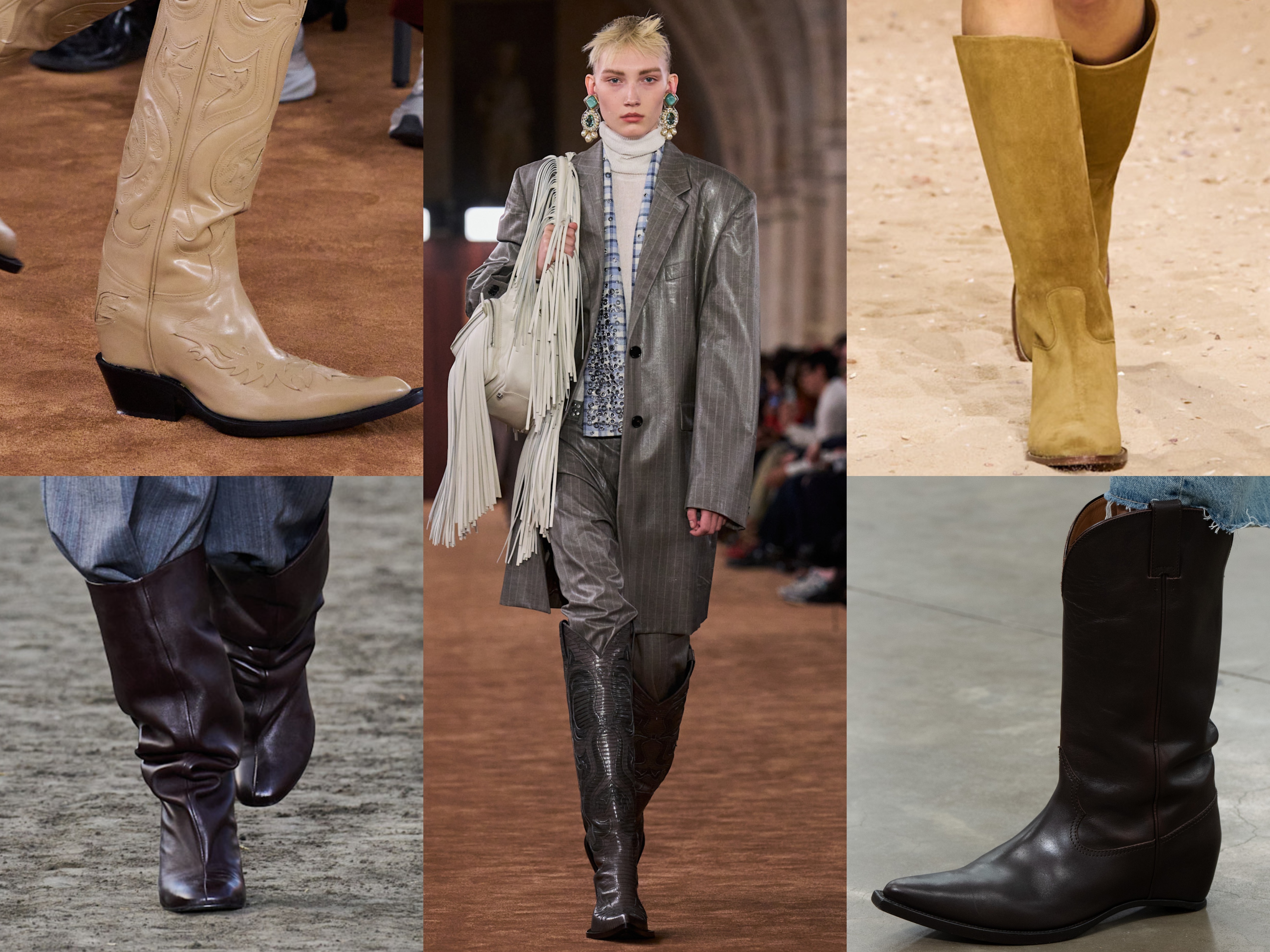 cowboy boots on the runways of acne studios, baum und pferdgarten, hermes, and margiela