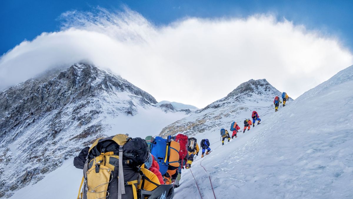 A group of mountaineers makes their way up Everest