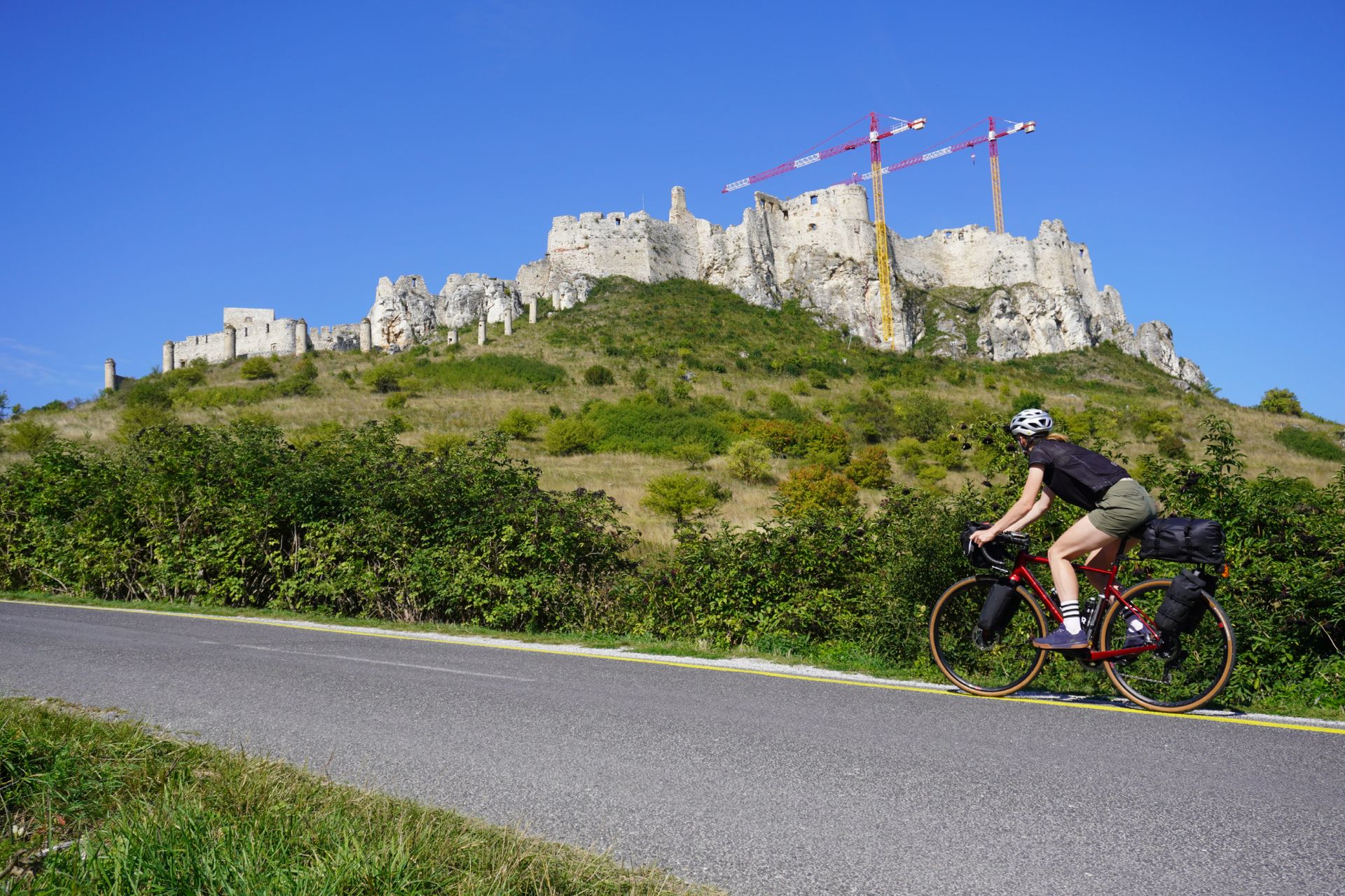 Image shows Anna wearing Crankbrothers Stamp Lace flat shoes while on a gravel bikepacking trip.