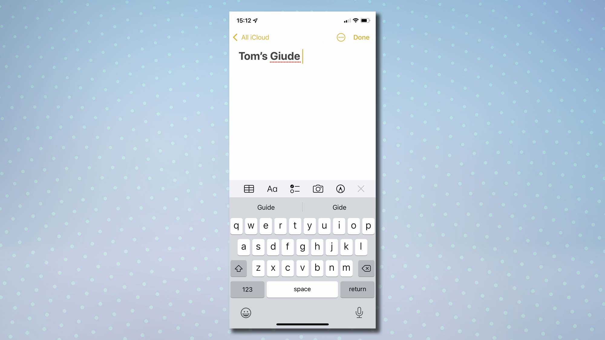 Снимок экрана приложения заметок на iPhone с введенным текстом.