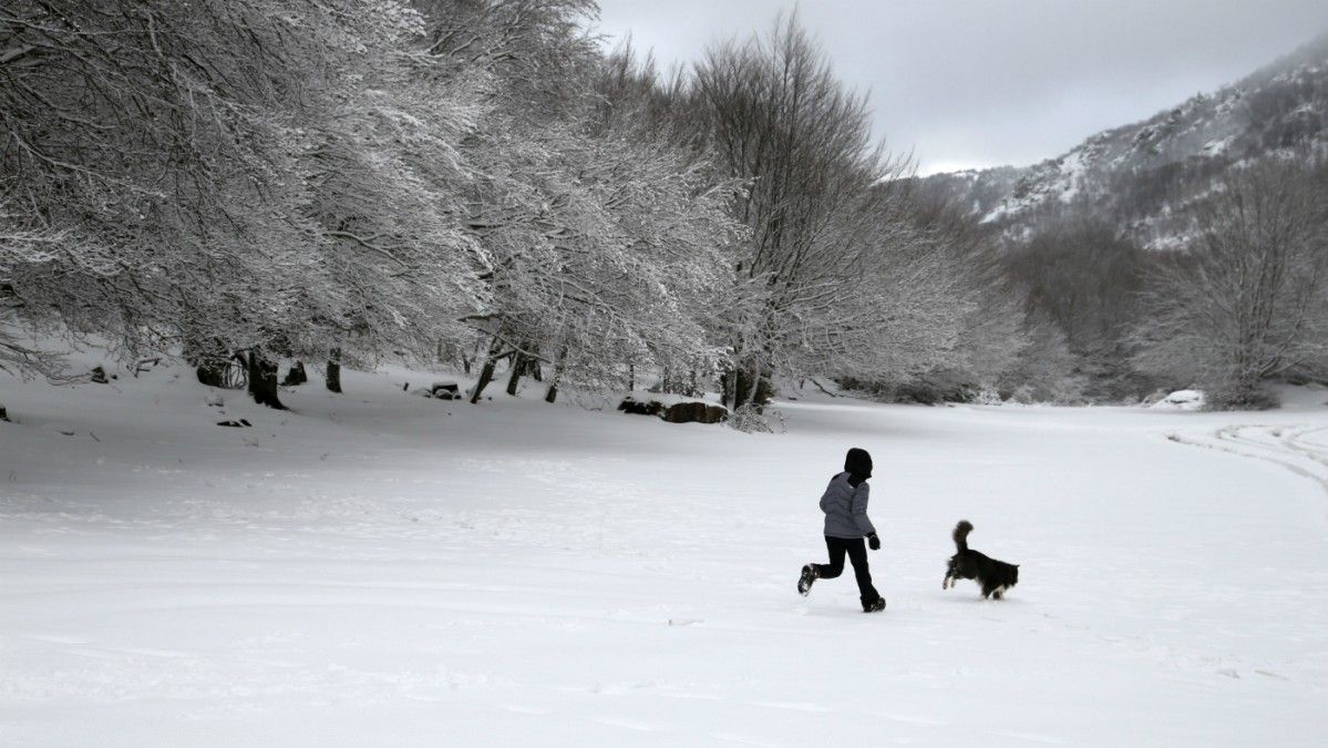 A girl plays with her dog in the snow in the mountains of Corsica, France