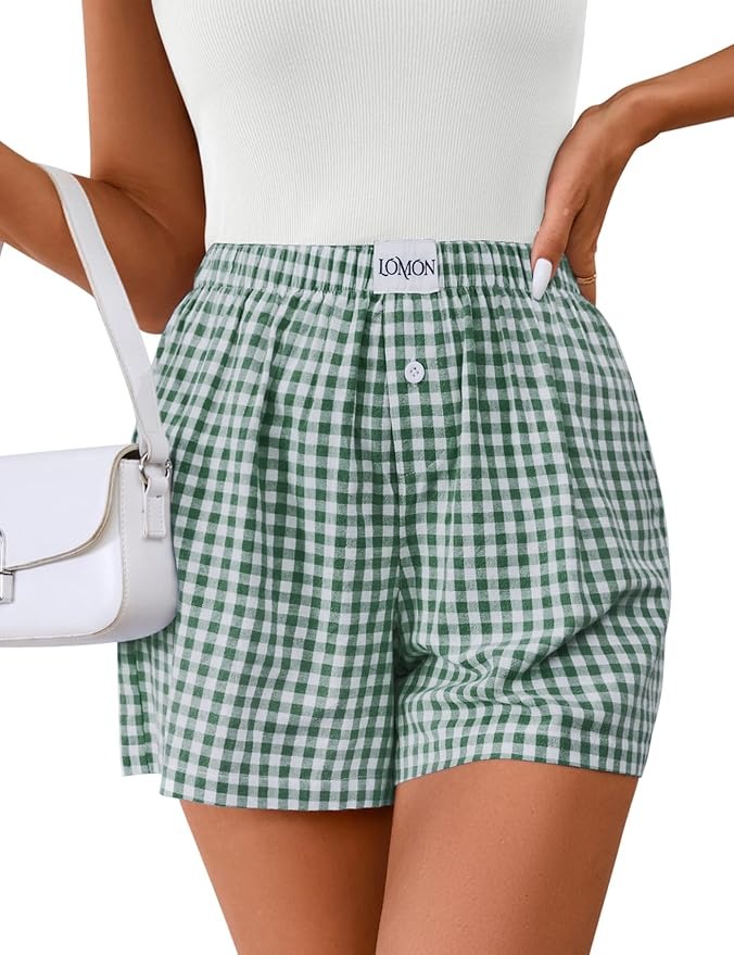 LOMON, Lomon Womens Boxer Shorts Casual Summer Cotton Pajama Lounge Sleep Pj Gingham Plaid Shorts Y2k Beach Bottoms (green White Plaid M)