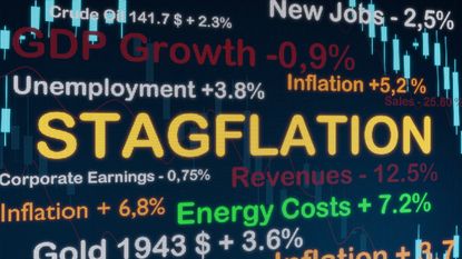 the word "stagflation" on a computer screen surrounded by economic data points like unemployment