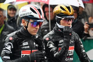 Remco Evenepoel of Belgium and Team Soudal Quick-Step prior to the 103rd Tre Valli Varesine 2024 in the rain wearing Castelli rain jackets