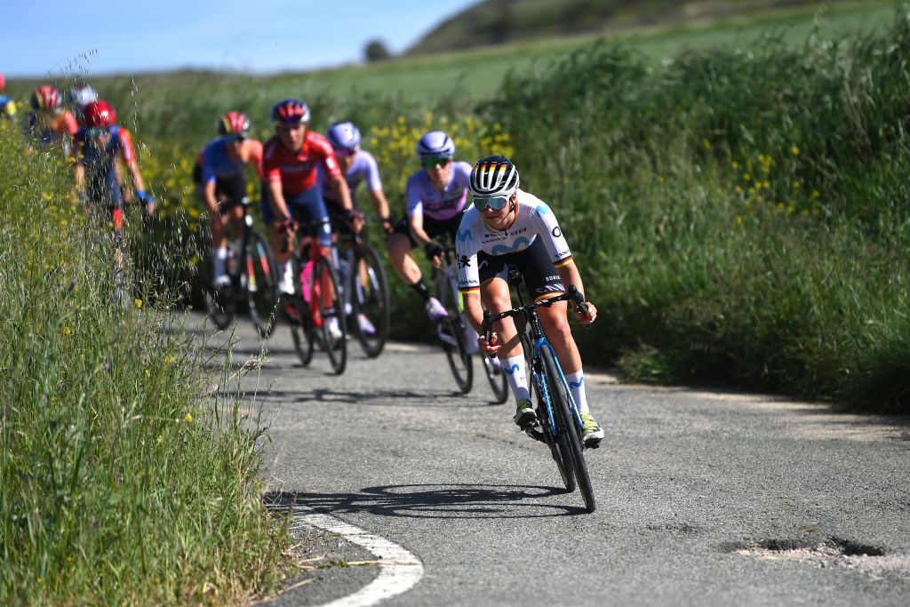 PAMPLONA SPAIN MAY 08 Liane Lippert of Germany and Movistar Team competes during the 4th Navarra Womens Elite Classics 2024 a 1356km one day race from Pamplona to Pamplona on May 08 2024 in Pamplona Spain Photo by Alex BroadwayGetty Images