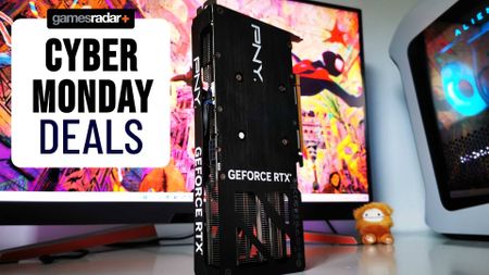 PNY RTX 4070 Ti graphics card standing vertically on desk with monitor and PC in backdrop alongside Cyber Monday Deals badge on left