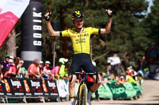 LAGUNAS DE NEILA SPAIN AUGUST 07 EDITORS NOTE Alternate crop Sepp Kuss of The United States and Team Visma Lease A Bike celebrates at finish line as stage winner during the 46th Vuelta a Burgos Stage 3 a 138km stage from Bodegas Nabal Gumiel de Izan to Lagunas de Neila 1721m on August 07 2024 in Lagunas de Neila Spain Photo by Gonzalo Arroyo MorenoGetty Images