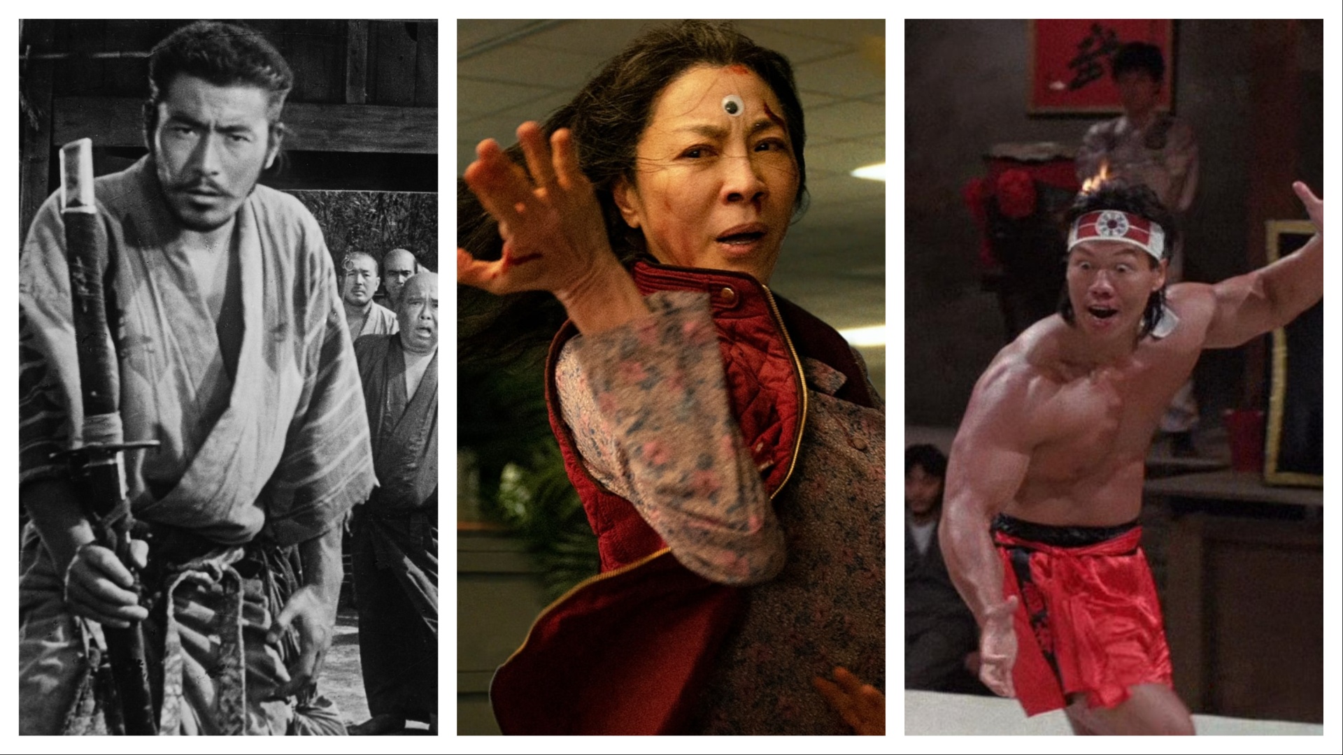 three images sliced together from three films, left to right: Mifune, Michelle Yeoh and Bolo Young 