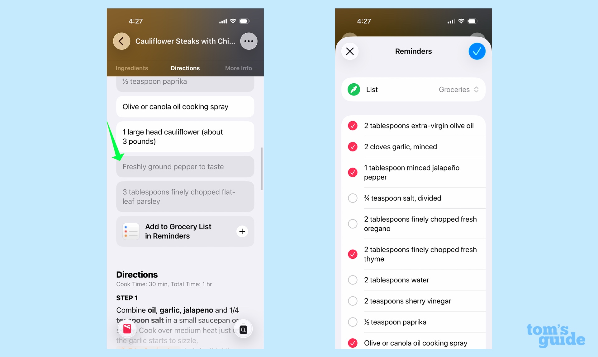 excluding ingredients from your shopping list in Reminders