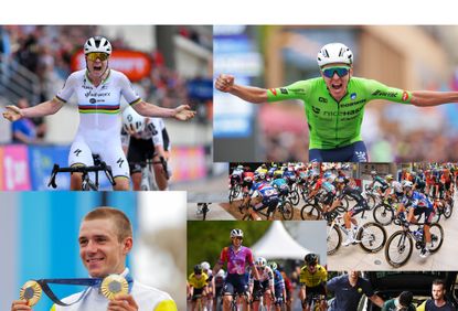 Clockwise: Lotte Kopecky wins Paris-Roubaix, Tadej Pogačar wins the World Championships, the Vuelta begins in a supermarket, Wout van Aert leaves the Vuelta a España, Lorena Wiebes celebrates early at the Amstel Gold Race, and Remco Evenepoel with his two gold medals