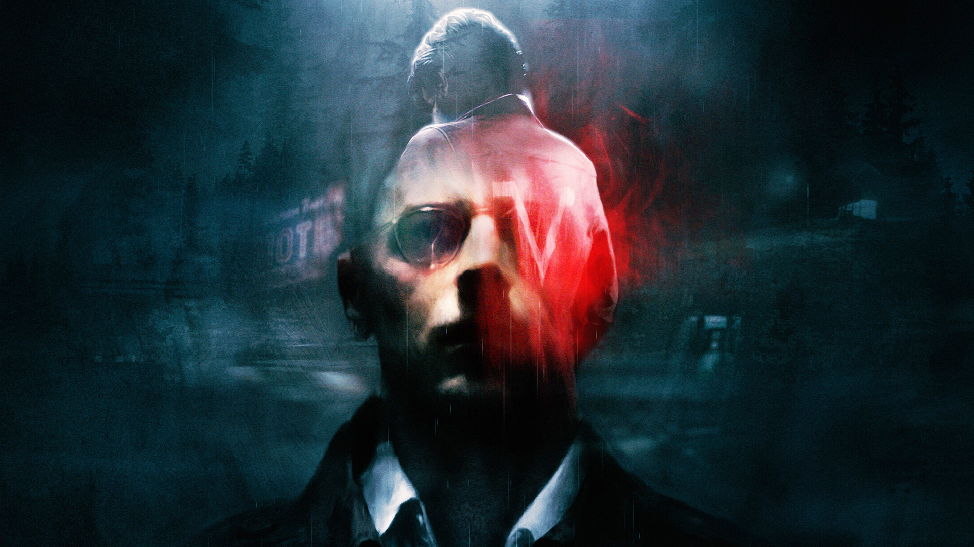 Key art for Silver Pines showing Walker looking upward with the town behind him, one of the lenses in his glasses imposed with 'V' on the jacket of a montaged image of musician Eddie Velvet